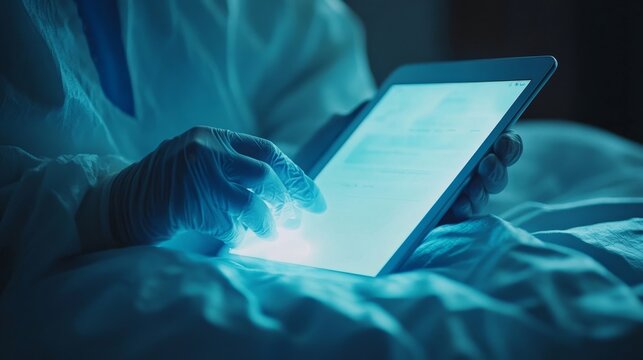Medical care, person and hands of doctor with tablet for telehealth, research or online consultation in hospital. Healthcare, closeup and surgeon with technology for records, wellness, Generative AI