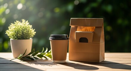 A takeaway coffee cup and a paper bag sit on a wooden table with green foliage blurred in the background, suggesting a natural setting for a beverage and snack