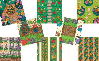 A collection of vibrant cartoon seamless gardening patterns and illustrations showing lush floral arrangements, stone pathways, red roses, lavender rows, potted plants, and wooden fences for nature-th