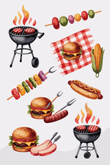 Vibrant watercolor illustration set of classic American barbecue grilling favorites: juicy burgers, smoked sausages, hot dogs, corn, and vegetable kebabs for summer party menus, advertising, and casua