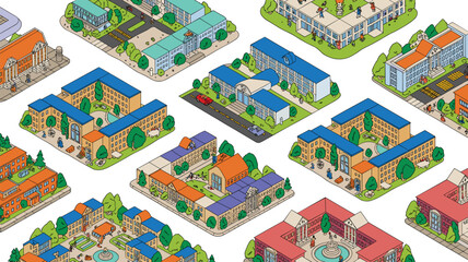 Diverse isometric educational buildings and college campus architecture detailed illustration featuring traditional and modern university structures, dormitories, libraries, and academic halls for hig