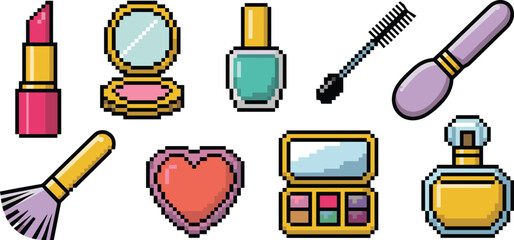 Vibrant retro pixel art set of cosmetics and beauty icons, showcasing glamorous 8-bit digital illustrations including lipstick, nail polish, eyeshadow palette, powder blush, mascara, and fragrance bot