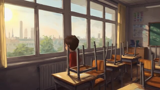 Anime Classroom Boy Looks Out Window Sunrise Cityscape Warm Light
