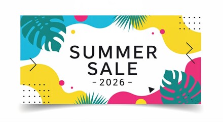 Summer Sale Banner: A vibrant and eye-catching banner announces Summer Sale - 2026, set against a colorful backdrop with tropical leaf designs and flowing shapes.