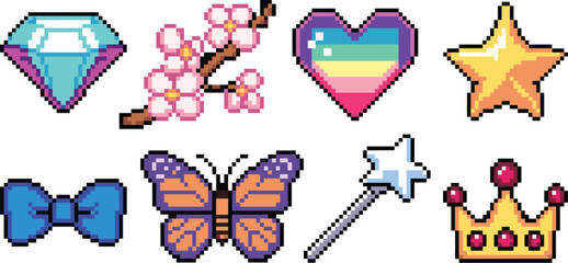 A delightful pixel art icon collection of cute fairy princess and magical fantasy elements, including a bright rainbow heart, shimmering golden crown, shiny star, turquoise diamond, monarch butterfly,