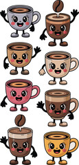 Cheerful seamless pattern of cute cartoon coffee cups and mugs, anthropomorphic beverage characters smiling and waving in a fun, lively kawaii style, perfect for food service branding, marketing, digi