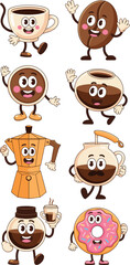 A cheerful collection of cute cartoon coffee and breakfast food characters, including a smiling roasted bean, hot beverage cups, Moka pot, French press carafe, and glazed pink donut, designed for ener