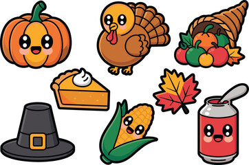 Adorable kawaii cartoon Thanksgiving icon set featuring a cute feathered turkey, cheerful smiling pumpkin, delicious slice of pumpkin pie dessert, harvest cornucopia, corn cob, pilgrim hat, cranberry
