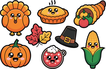 Cute Kawaii Thanksgiving and Autumn seasonal icons set featuring happy turkey, sweet pumpkin pie, corn on the cob, harvest cornucopia, pilgrim hat, colorful falling leaves, and fresh smiling pumpkin i