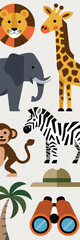 A collection of stylized African safari animals including a geometric lion, tall giraffe, massive elephant, striped zebra, and playful monkey, displayed alongside essential jungle explorer gear like b