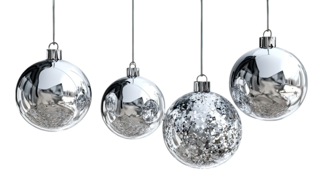 Four silver glass ornaments hanging with crystal shine and reflective surface on transparent background