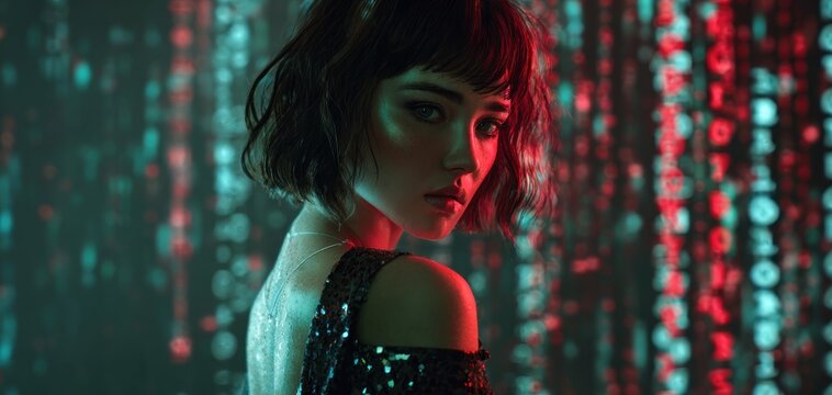 Woman gazing over shoulder with futuristic background and vivid lighting
