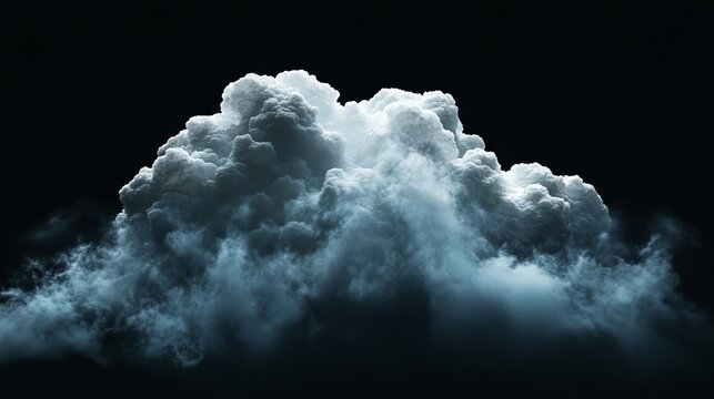 Massive cumulonimbus thunderhead isolated on pitch black, three-dimensional structure with cauliflower-like formations, subtle blue-gray shadows in deep crevices, atmospheric haze