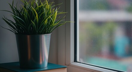 Fototapeta premium Serene Windowside: A close-up shot of a potted plant graces a windowsill with soft light, creating a tranquil scene. The image evokes a sense of peace and natural beauty.