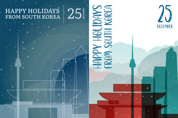 Vector posters and cards set for winter holiday greetings from South Korea &ndash; Christmas, New Year. Designs with Seoul, Busan and national landmarks, festive elements. Printable, editable