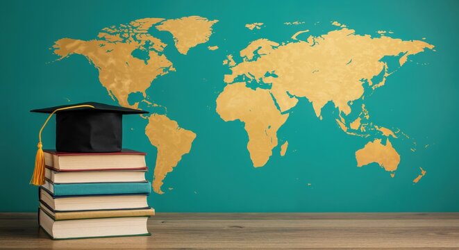 Global Education: Books stacked high with a graduation cap on top, set against a backdrop of a gold world map. The image represents global learning and knowledge. 