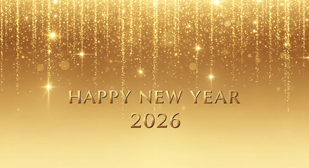 Golden glitter background with "Happy New Year 2026" text, festive and celebratory