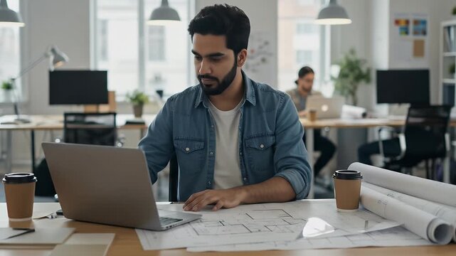 Architect Drafting Blueprints in Bright Modern Office with Laptop