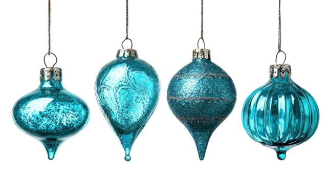 Four teal blue glass ornaments hanging in assorted shapes with glossy finish on transparent background - Powered by Adobe