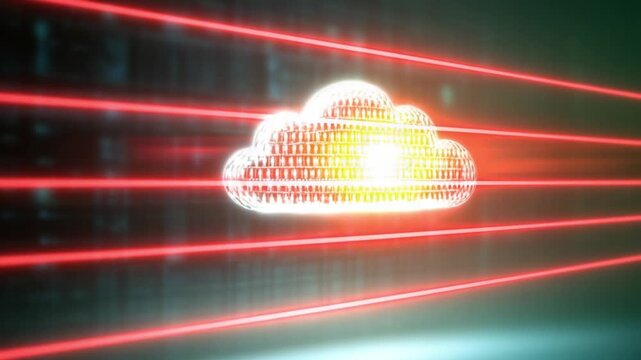 Cloud data visualization: A digital representation of a cloud-shaped data storage symbol, illuminated with intricate code, accompanied by striking laser beams.