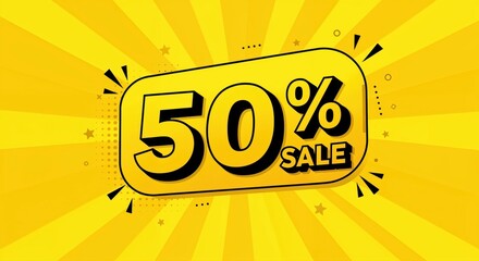 50% Sale: A bold and dynamic visual, the vibrant yellow backdrop radiates energy, with the prominent 50% Sale text inviting attention and signaling a lucrative opportunity.