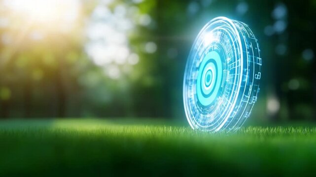 Mysterious Tech in Nature: A luminous holographic device levitates within a serene natural landscape, with an enchanting interplay of light and shadow, merging technology and tranquility.