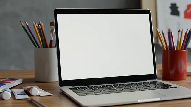 Artist Workspace Laptop Mockup with Colorful Pencils and Paint
