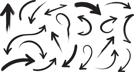 Hand-drawn brush stroke arrow collection set. various directions, textured, imperfect lines. vector graphic design element. Vector