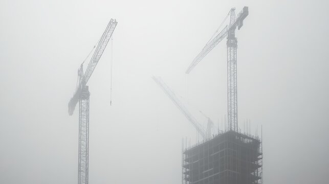 Hypnotic geometric patterns of skeletal tower cranes rotating above monolithic concrete structure, Dubai's distinctive architecture visible through desert haze