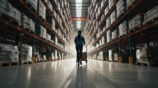 Woman pushing hand truck with package down long aisle of tall warehouse shelving stacked with inventory