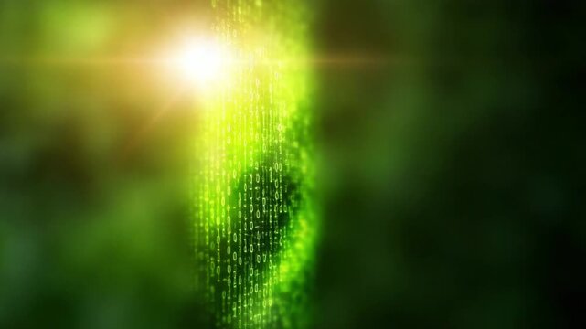 Digital Code in Nature: A stunning artistic representation of digital code merging seamlessly with the organic beauty of nature, symbolizing the intersection of technology and the environment.
