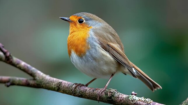 Charming portrait of a European robin perched on a tree branch, showcasing its vibrant orange-red breast