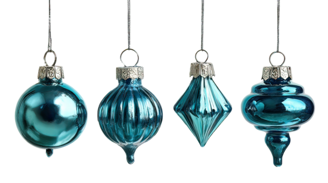 Four teal blue glass ornaments hanging in assorted shapes with glossy finish on transparent background