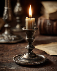 Old antique candle in vintage candlestick with warm glowing flame. peaceful and nostalgic light source creating contemplative mood