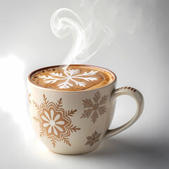 A steaming hot cappuccino in a mug with intricate latte art, evoking a cozy winter atmosphere, isolated on a clean background.