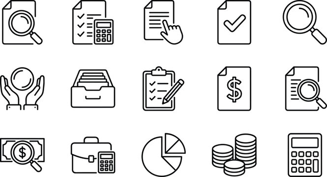 Accounting, Finance, Audit, and Documentation Line Icon Set, Financial Analysis, Calculator, Report, Money, Pie Chart, and Business Management Outline Symbols - Powered by Adobe