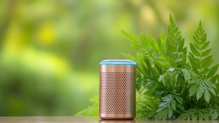 Smart Speaker with Nature's touch: A sleek, modern smart speaker stands harmoniously alongside vibrant green foliage. Demonstrating the seamless blend of technology and nature. 