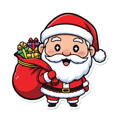 Cute Cartoon Santa Claus Delivering Christmas Gifts in a Big Sack Sticker