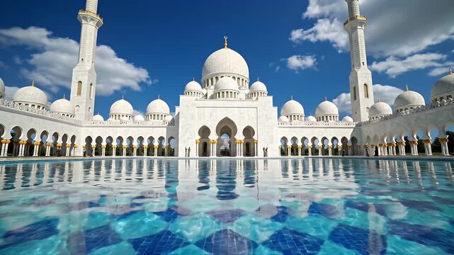 The grand white Sheikh Zayed Mosque in Abu Dhabi with its perfect reflection in the water