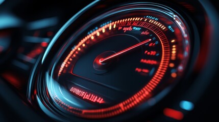 Ultra-modern web speed visualization featuring automotive-inspired gauge cluster, animated download progress meter, detailed numerical indicators, glossy black background with red illumination,