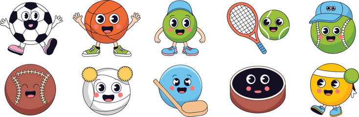 Cute retro cartoon sports balls vector illustration set featuring happy soccer, basketball, tennis, baseball, volleyball, golf, and hockey characters promoting physical education, fun games, and activ