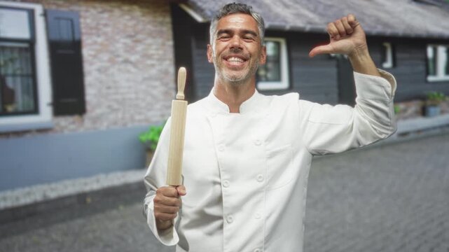 Man chef smiling while holding a rolling pin and giving a thumbs down gesture on street wearing white chef jacket; playful sarcasm.