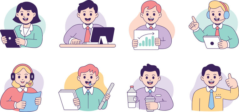 Collection of professional business people avatars illustration set showing diverse workers, staff, and customer service employees succeeding in corporate office roles, demonstrating growth, communica