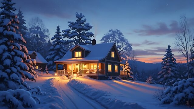 Cozy cabin illuminated with warm lights amidst a serene, snow-covered forest landscape at dusk