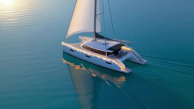A white catamaran with christmas lights sailing on a calm turquoise sea at golden hour, aerial view. Serene holiday sailing concept