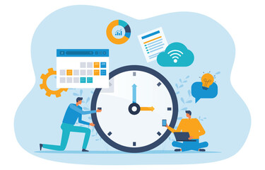 business people team working together with a big watch. flat illustration design concept business team meeting and planning work schedule.