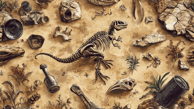 Detailed paleontology seamless pattern featuring excavated dinosaur fossils on sandy stone background with T-Rex skeletons pterodactyl remains footprints and fossilized plants professional scientific