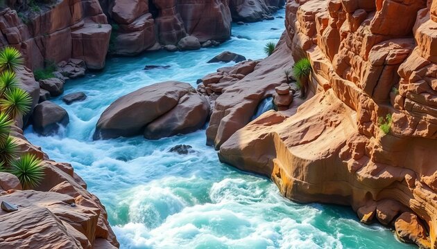 Powerful river rapids surging through rocky canyon, power, texture - Powered by Adobe
