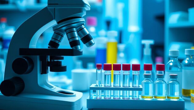 Microscope, vials, and lab equipment in a pharmaceutical research setting,  analysis,  process