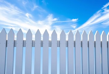 Fototapeta premium Crisp white picket fence against a vibrant blue sky, panel, vertical